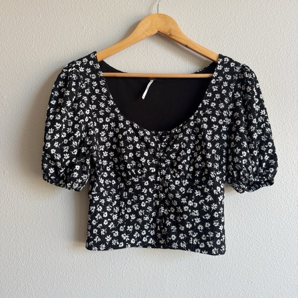 Free People Daisy Chain Floral Cropped Puff Sleeve Top Size Small